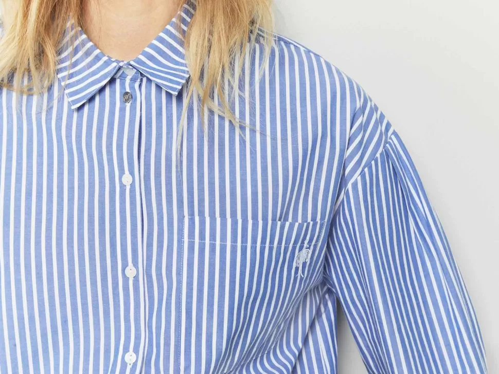 One Step Celeste - Chemise Bleu Ciel Popeline Rayee Fashion