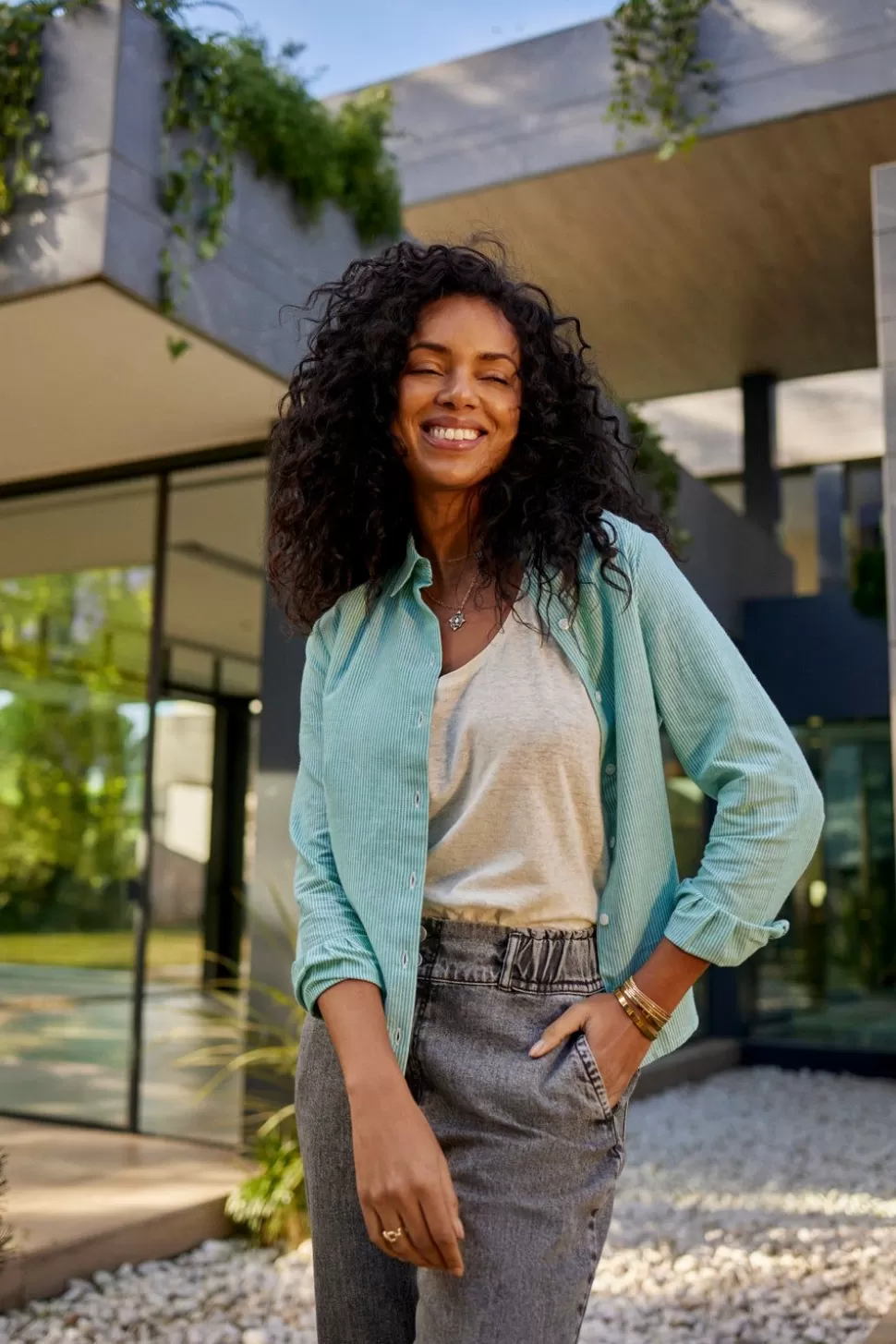 One Step Chaya - Chemise Green Grass A Motif Fines Rayures Fashion