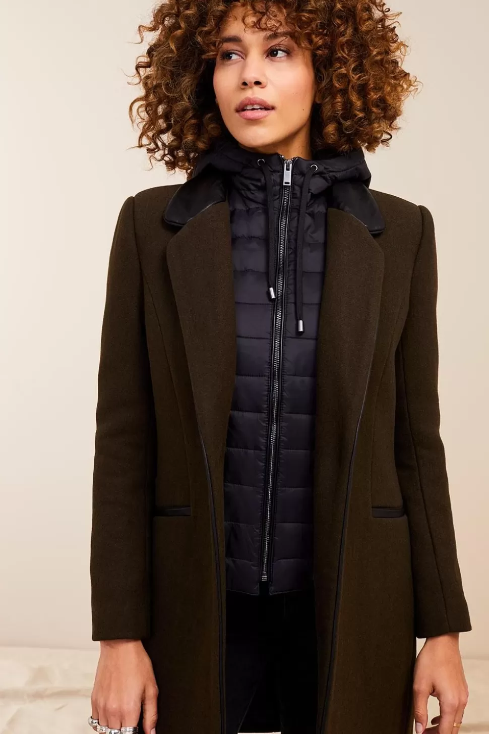 One Step Dida - Manteau Kaki Avec Col Cuir Synthetique Noir Sale