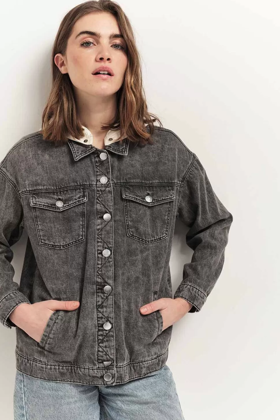 One Step Dollis - Veste En Jean Opale Grey Avec Capuche Amovible Discount