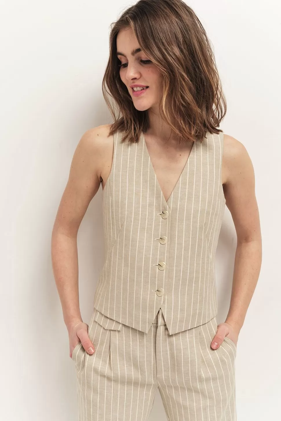 One Step Gaspard - Gilet De Costume Sand A Motif Rayures Clearance