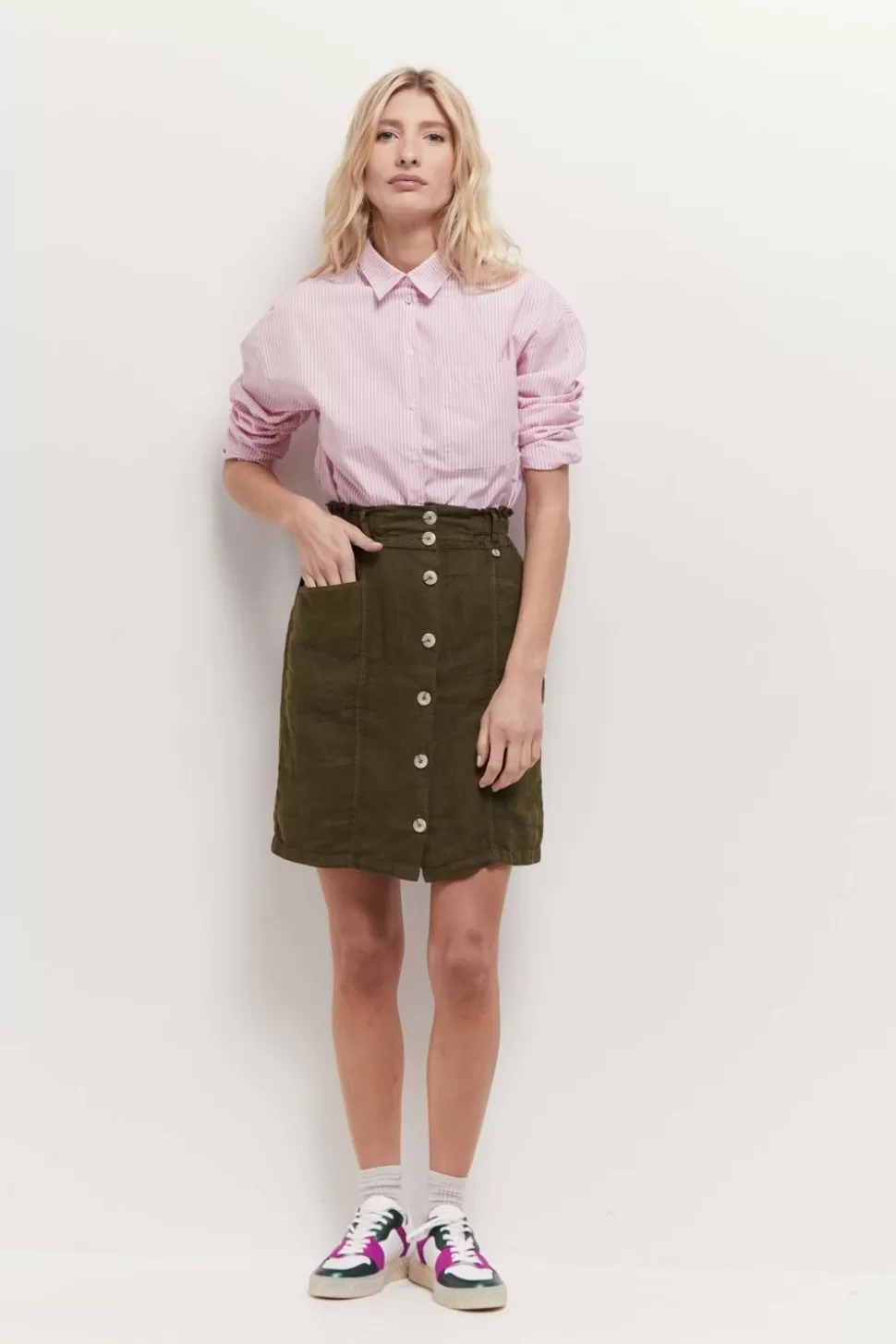 One Step Jetty - Jupe Kaki Boutonnee En Lin Fashion