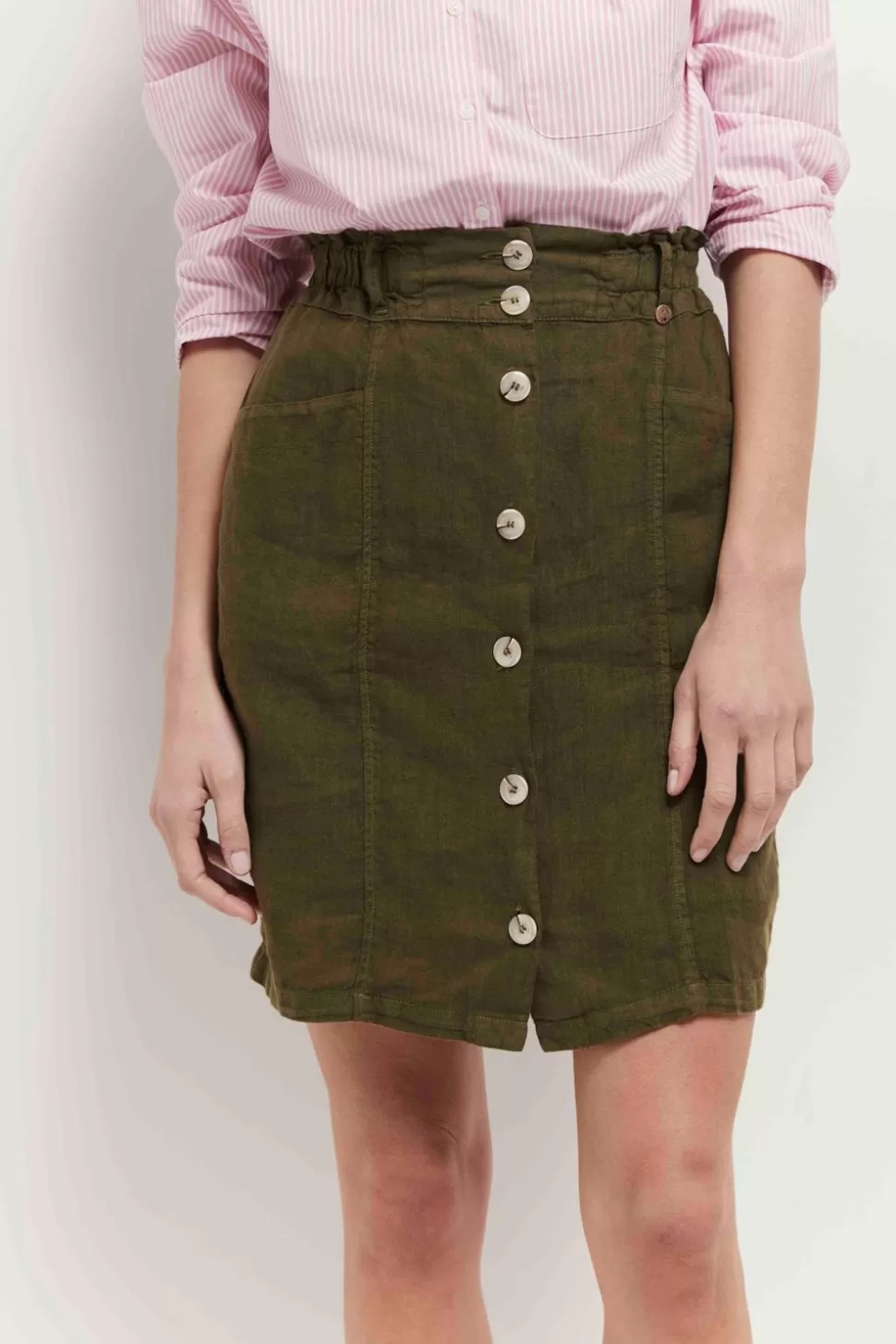 One Step Jetty - Jupe Kaki Boutonnee En Lin Fashion