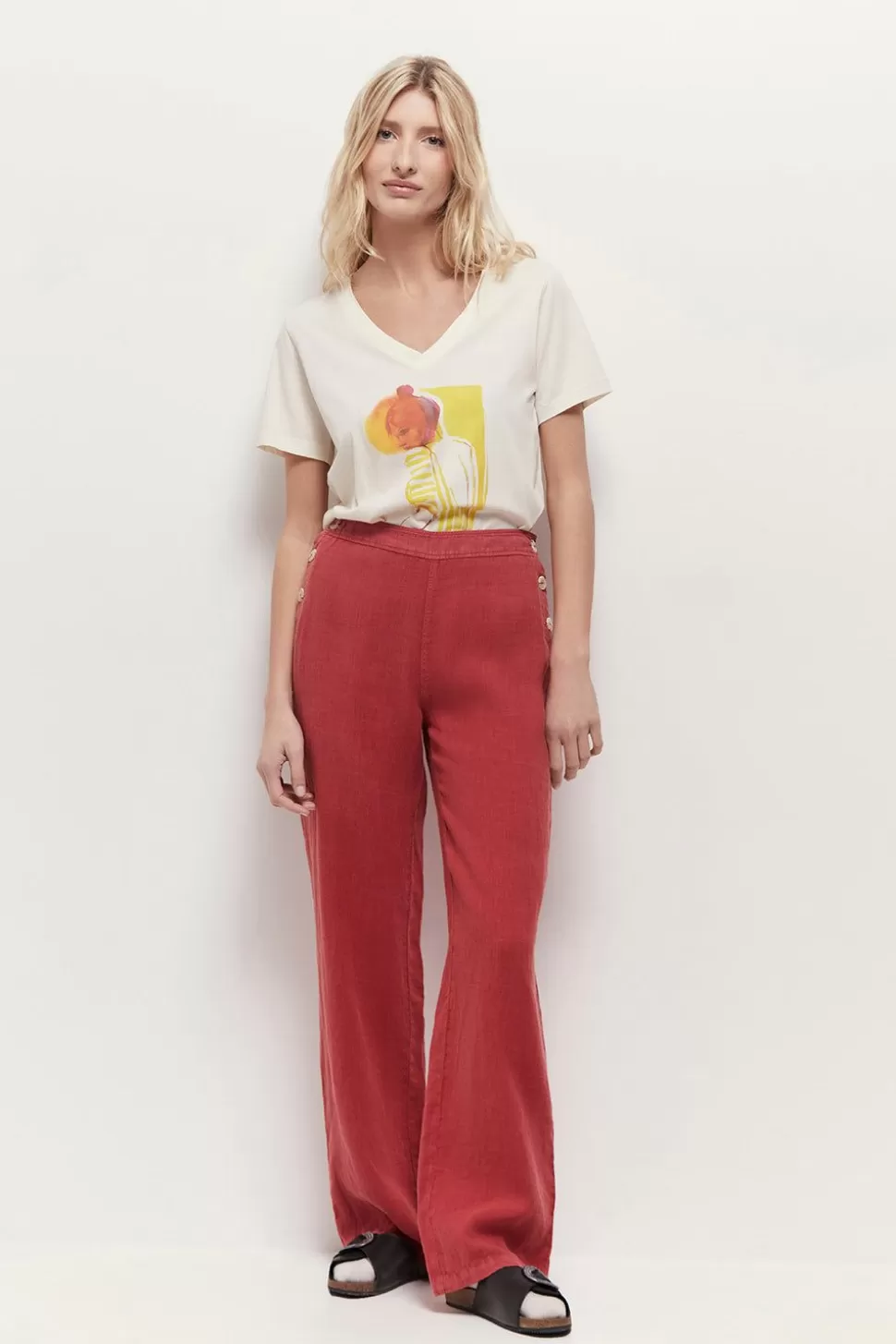 One Step Madian - T-Shirt Ivoire A Serigraphie Femme A L'Aquarelle Sale