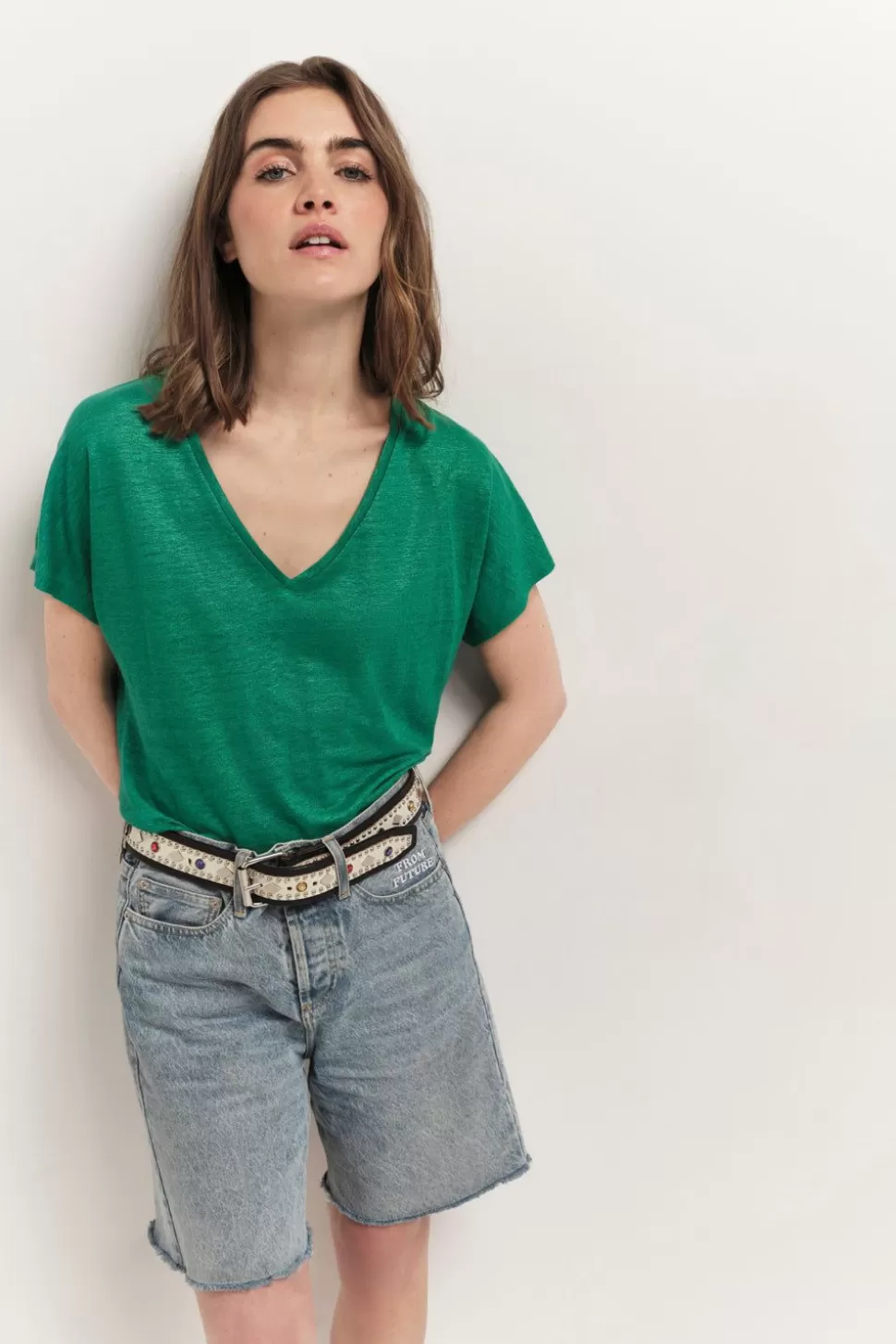 One Step Magic - T-Shirt Green Grass Maille Lin Pailletee Fashion