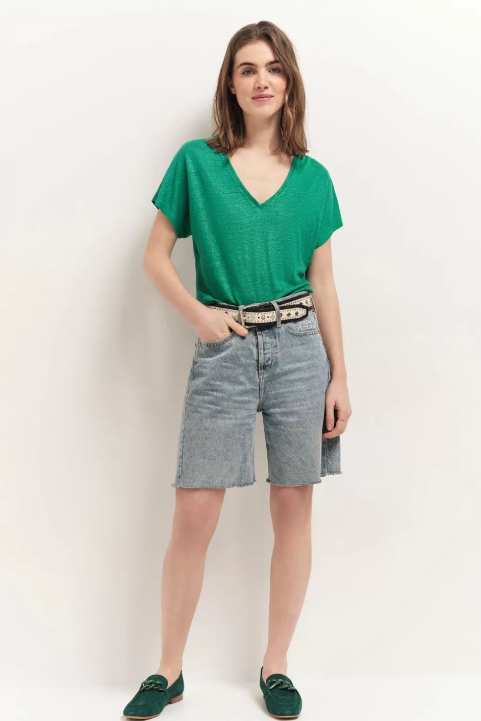 One Step Magic - T-Shirt Green Grass Maille Lin Pailletee Fashion
