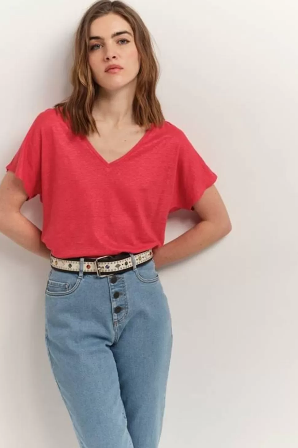 One Step Magic - T-Shirt Hibiscus Maille Lin Pailletee Discount