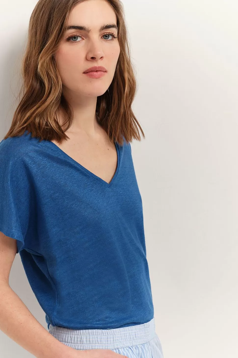 One Step Magic - T-Shirt Santorin Blue Maille Lin Pailletee Fashion