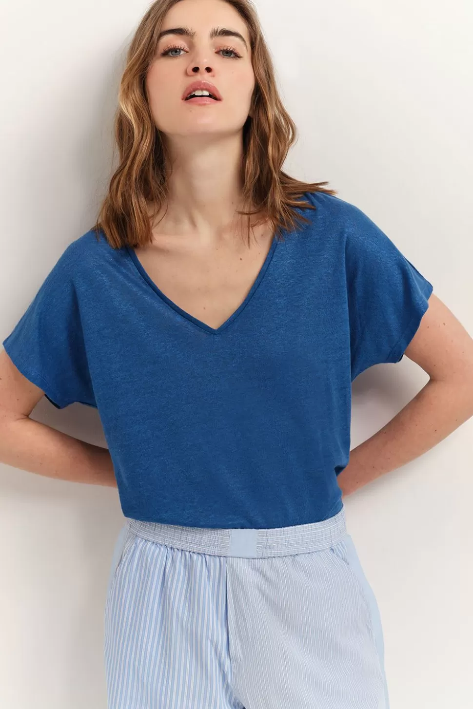 One Step Magic - T-Shirt Santorin Blue Maille Lin Pailletee Fashion