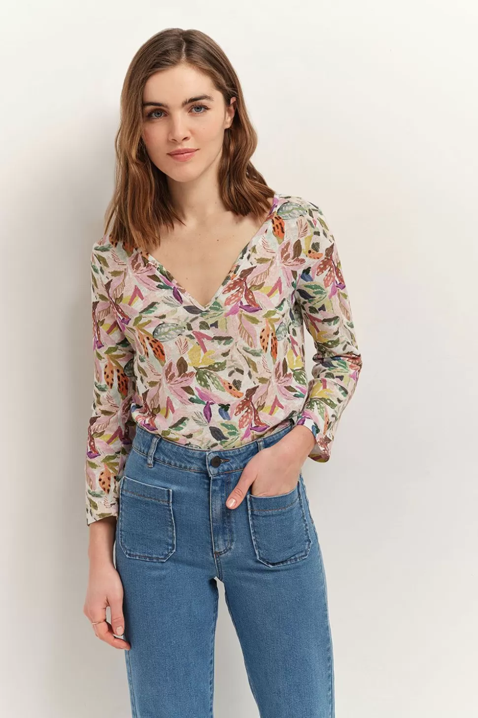 One Step Magnetic - T-Shirt Ivoire Maille Coton Lin A Imprime Jungle Bigarre Hot