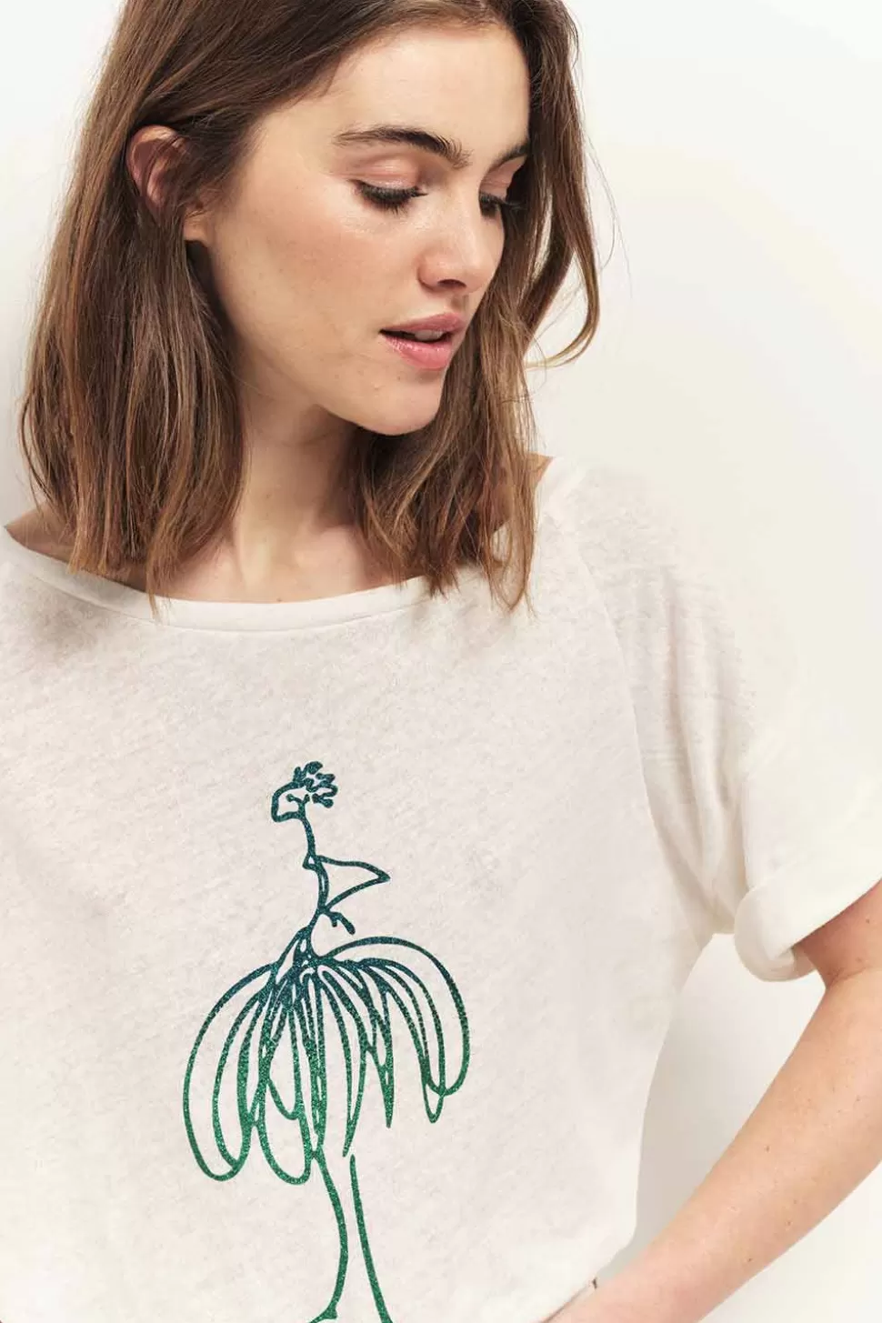 One Step Meiry - T-Shirt Ecru Visuel Danseuse Paillete Flash Sale