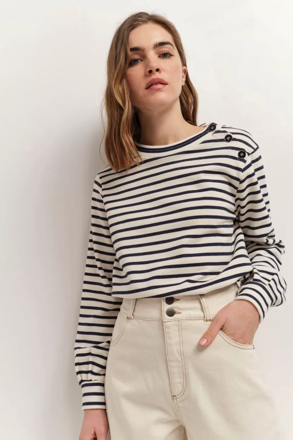 One Step Melker - Sweat Mariniere Ecru Raye Marine New
