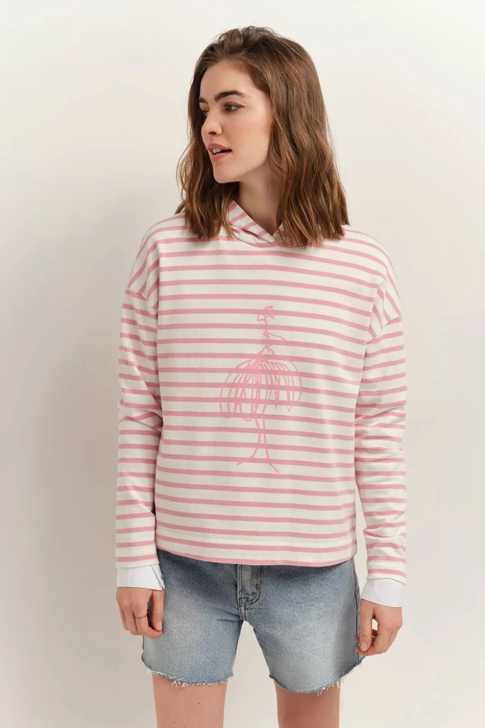 One Step Melki - T-Shirt Ecru Rayures Roses Et Serigraphie Danseuse Hot