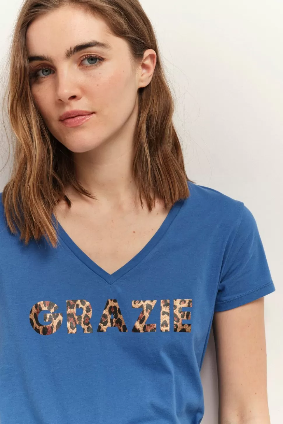 One Step Mica - T-Shirt Santorin Blue Coton Bio Message Motif Leopard Metallise New