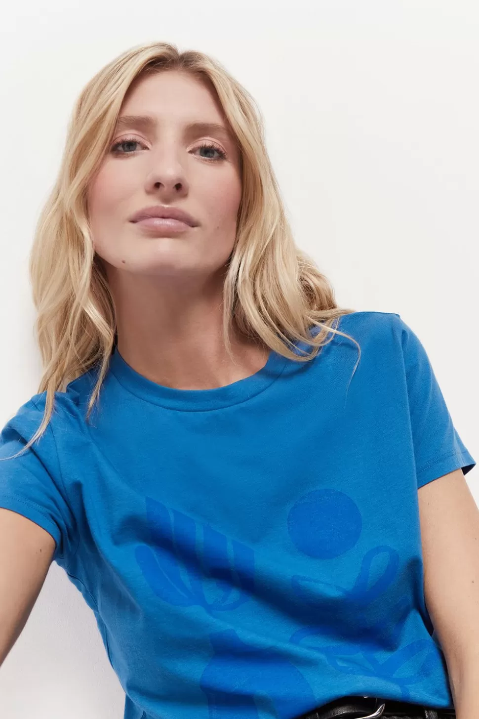 One Step Mika - T-Shirt Bleu Roi Coton Bio Serigraphie Palmiers Cheap