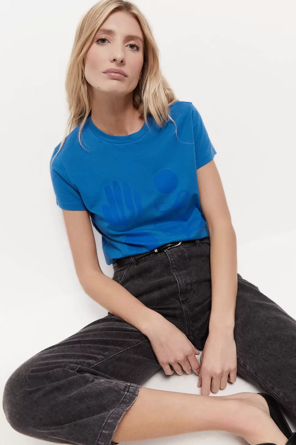 One Step Mika - T-Shirt Bleu Roi Coton Bio Serigraphie Palmiers Cheap