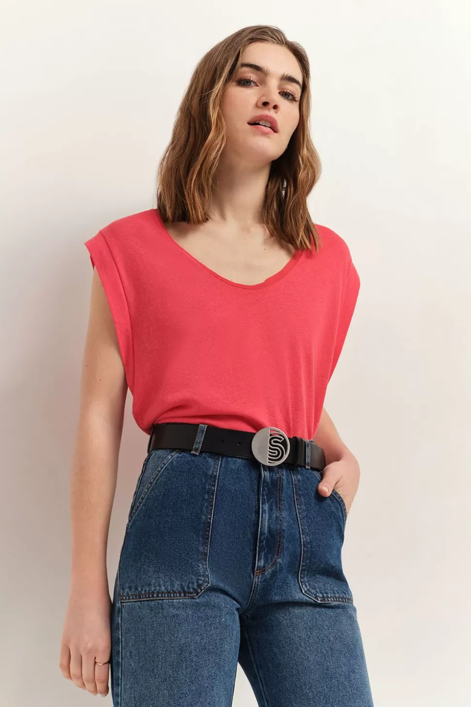 One Step Mineki - T-Shirt Hibiscus Maille Coton Lin Cheap