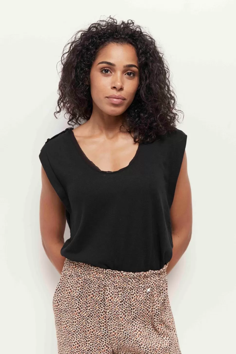 One Step Mineki - T-Shirt Noir Maille Coton Lin Best Sale
