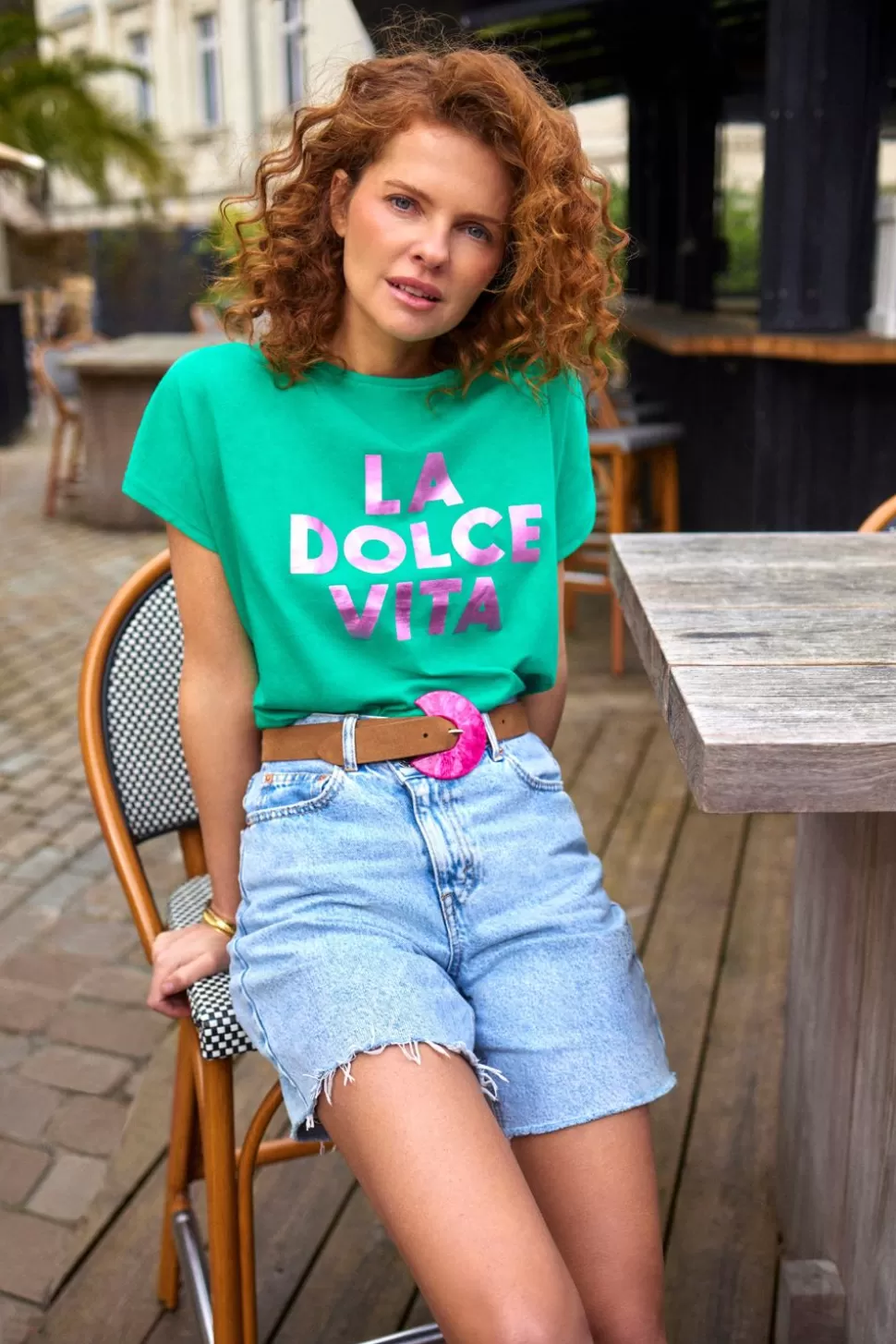 One Step Minos - T-Shirt Green Grass Coton Bio Message Rose Metallise Clearance