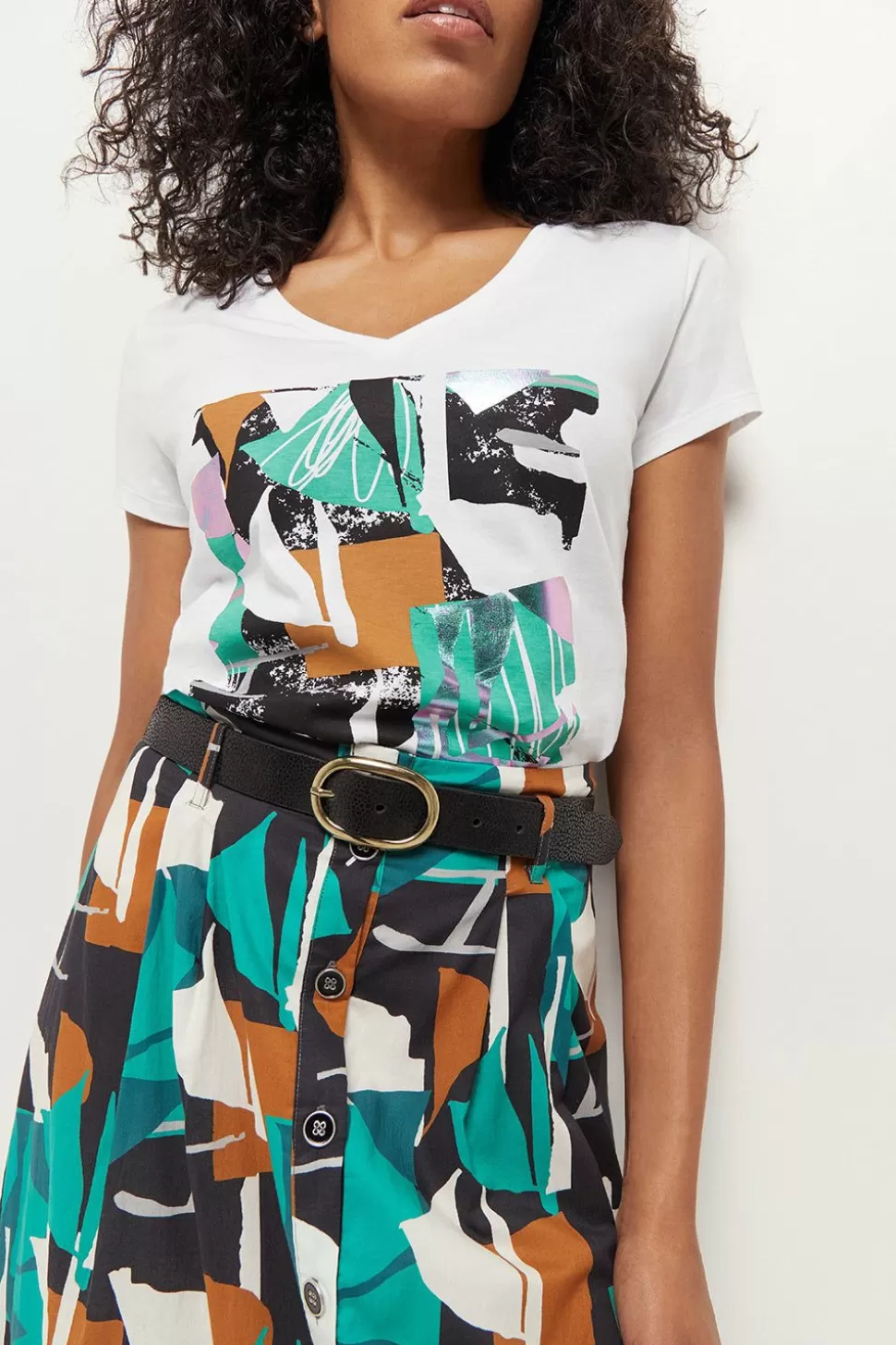 One Step Mira - T-Shirt Blanc Coton Bio Serigraphie Abstraction Arty Discount