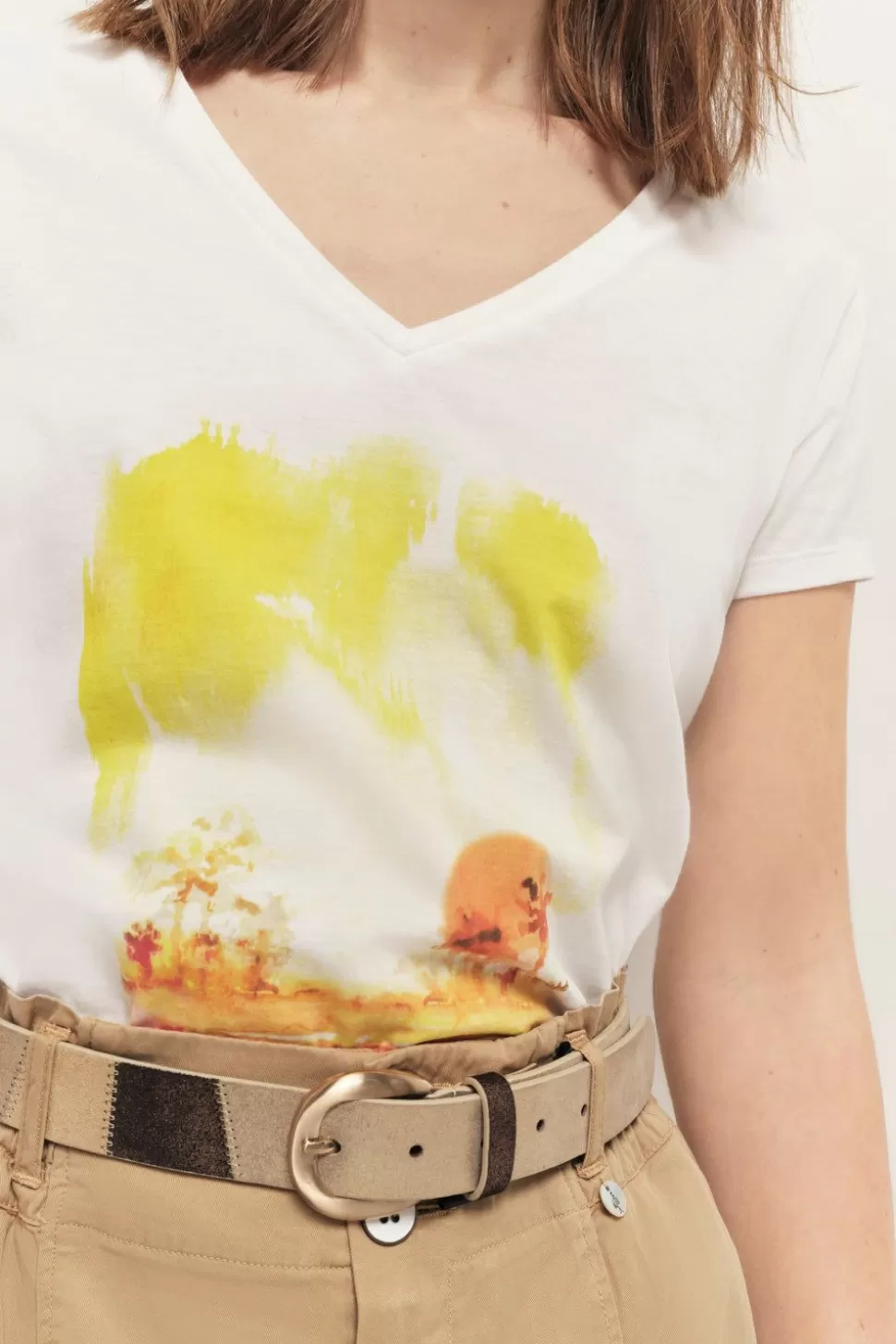 One Step Mira - T-Shirt Ecru Coton Bio Serigraphie Palmiers Outlet