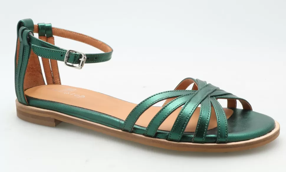 One Step O.Faro - Sandales Plates Vert Cedre En Cuir Metallise Outlet