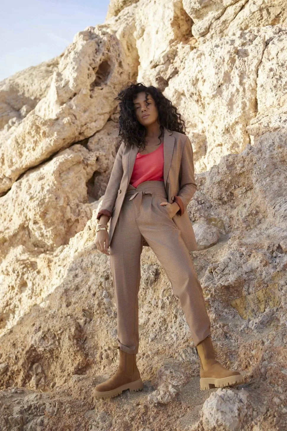 One Step Pearl - Pantalon Neo-Carotte Acajou Ceinture A Motif Pied-De-Poule Shop