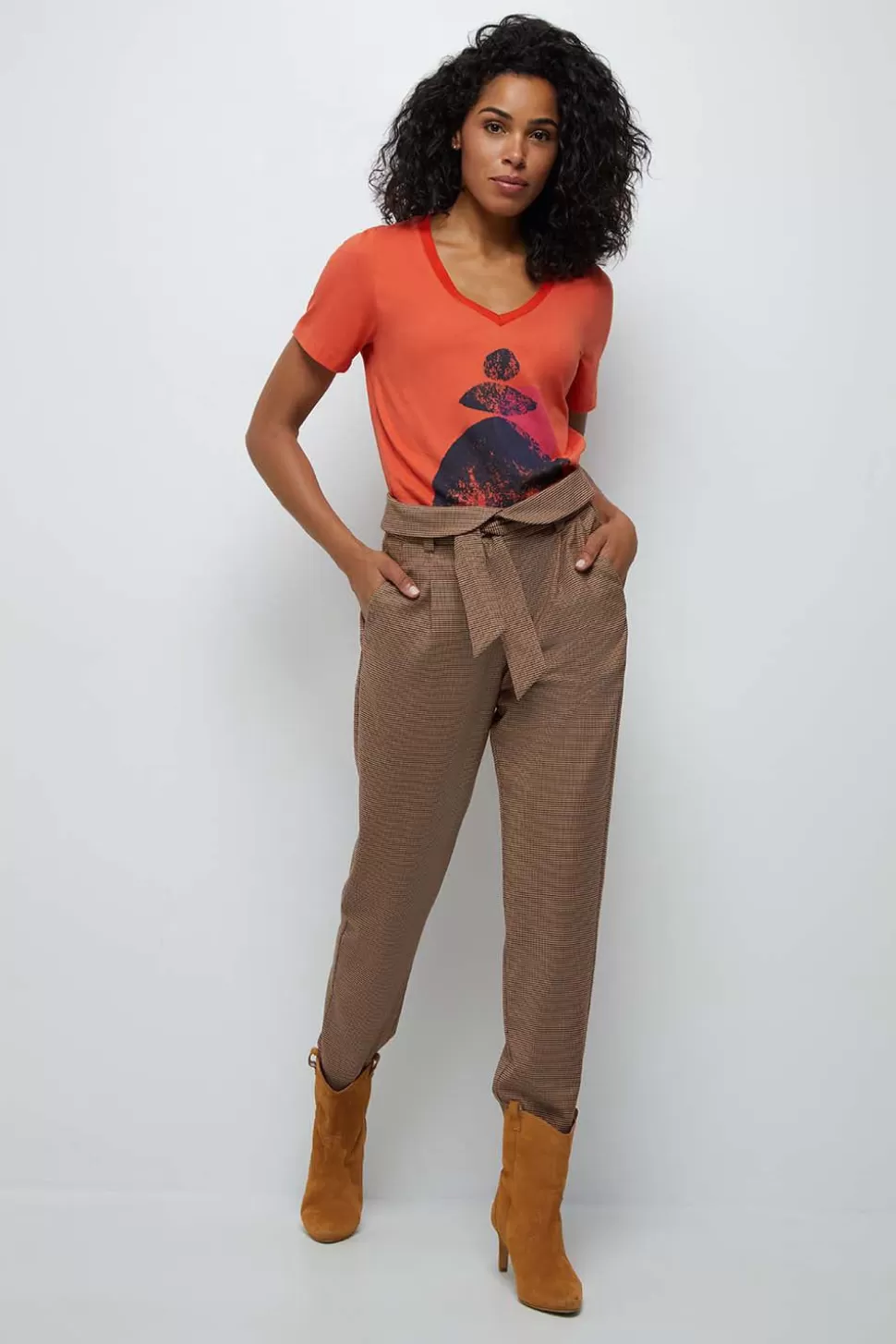 One Step Pearl - Pantalon Neo-Carotte Acajou Ceinture A Motif Pied-De-Poule Shop