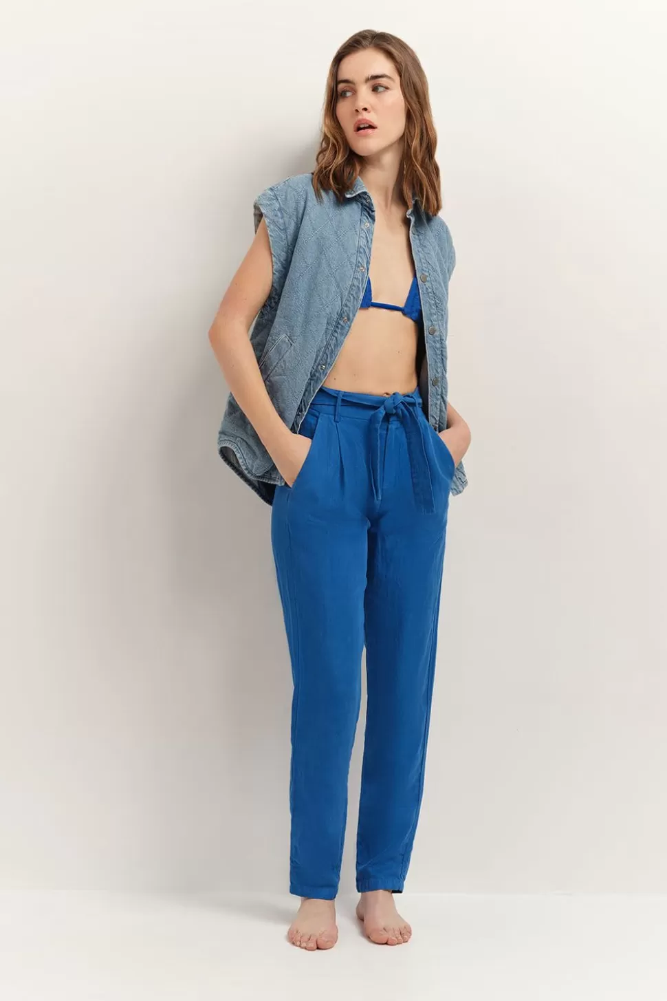 One Step Pearl - Pantalon Neo-Carotte Santorin Blue Ceinture Hot