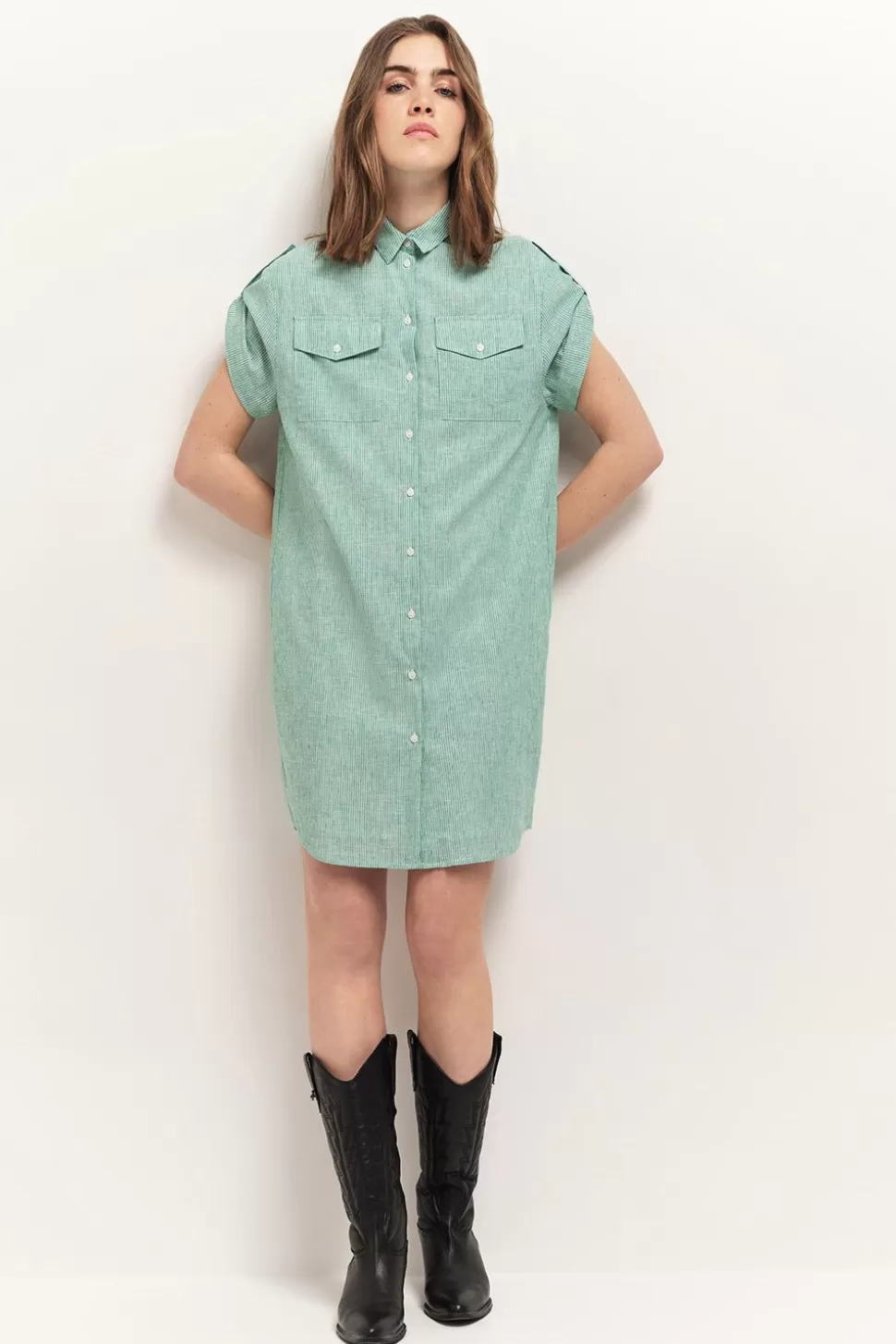 One Step Rieg - Robe Chemise Green Grass Motif Rayures New
