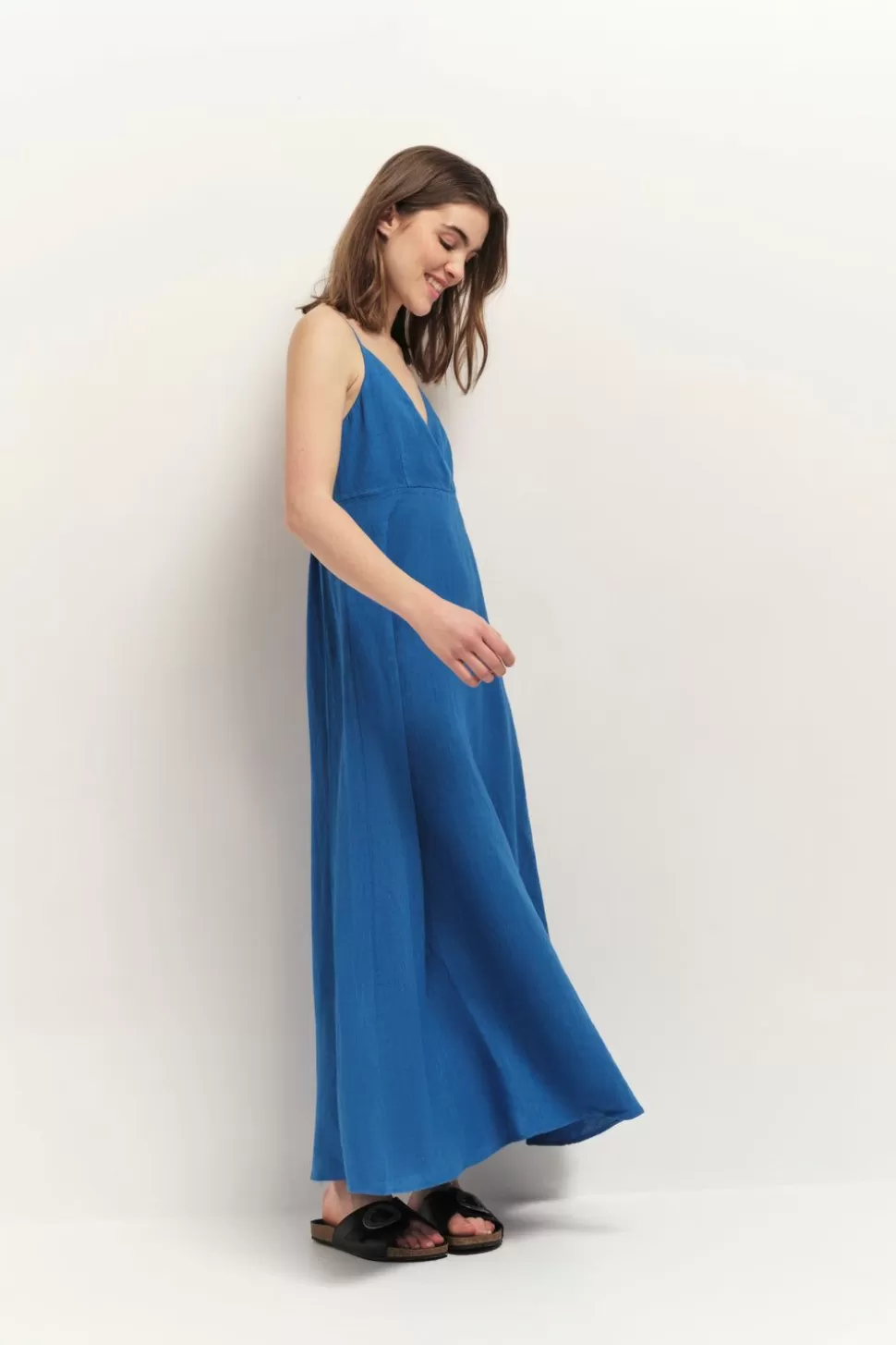 One Step Rimini - Robe Longue Santorin Blue A Fines Bretelles En Lin Best Sale