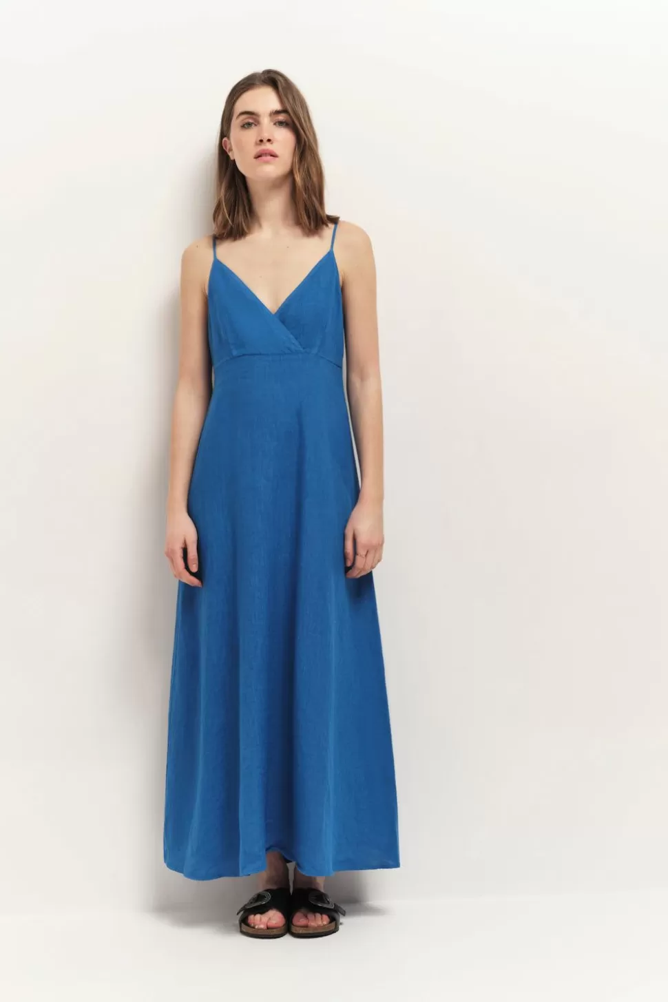 One Step Rimini - Robe Longue Santorin Blue A Fines Bretelles En Lin Best Sale