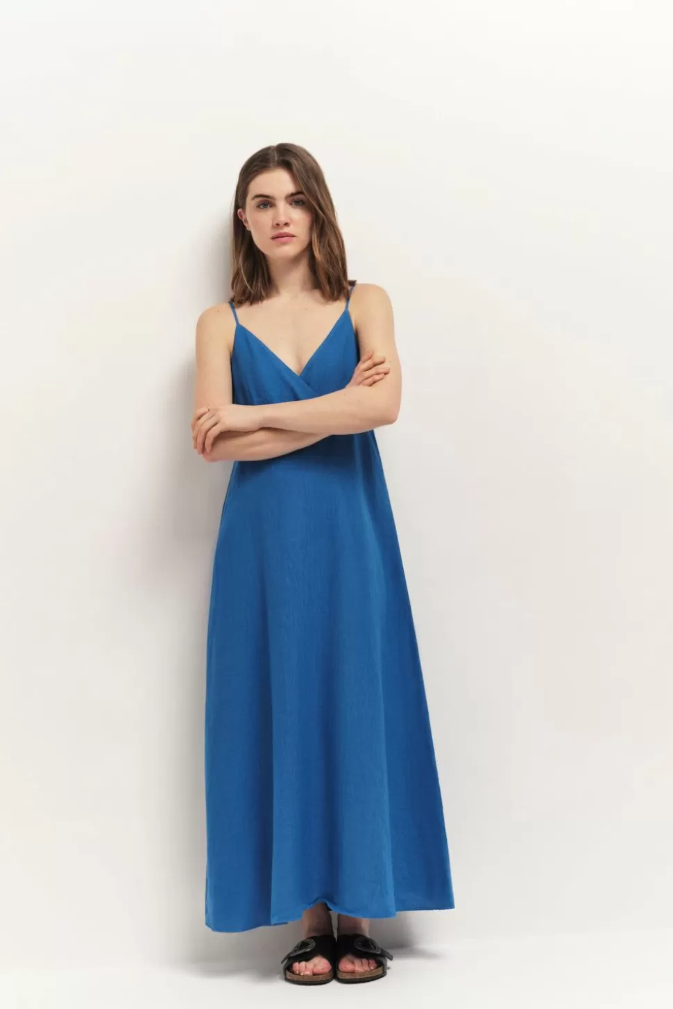One Step Rimini - Robe Longue Santorin Blue A Fines Bretelles En Lin Best Sale