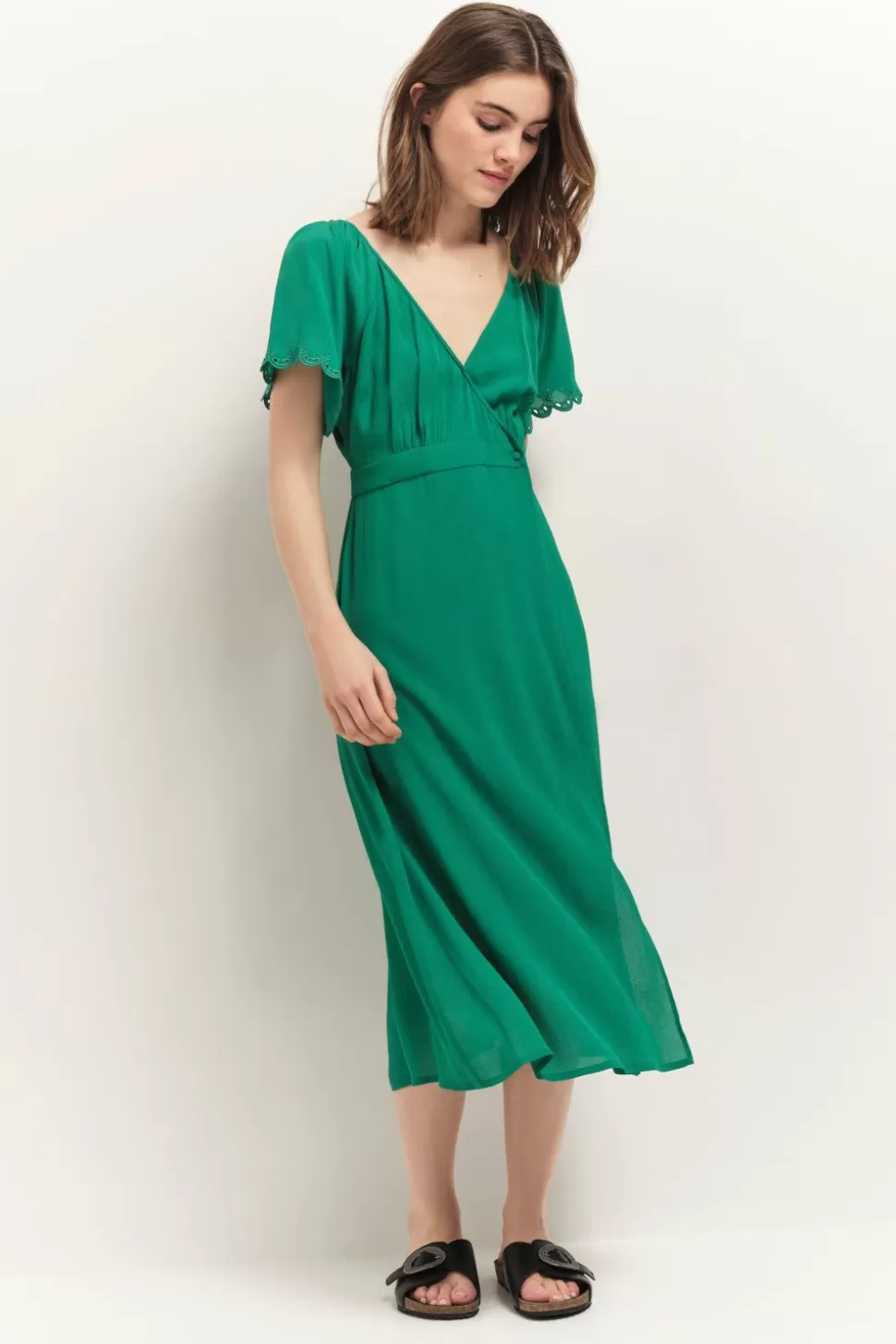 One Step Ryoko - Robe Portefeuille Midi Green Grass Fashion