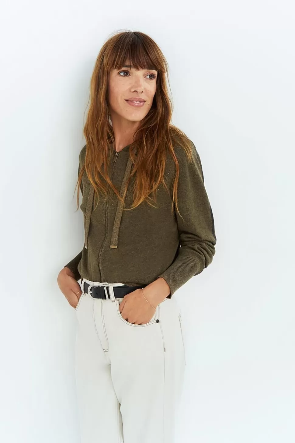 One Step Tara - Cardigan Kaki Zippe A Capuche Store
