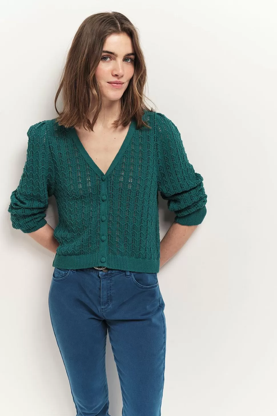 One Step Tarry - Cardigan Reversible Vert Cedre Tricot Ajoure Sale