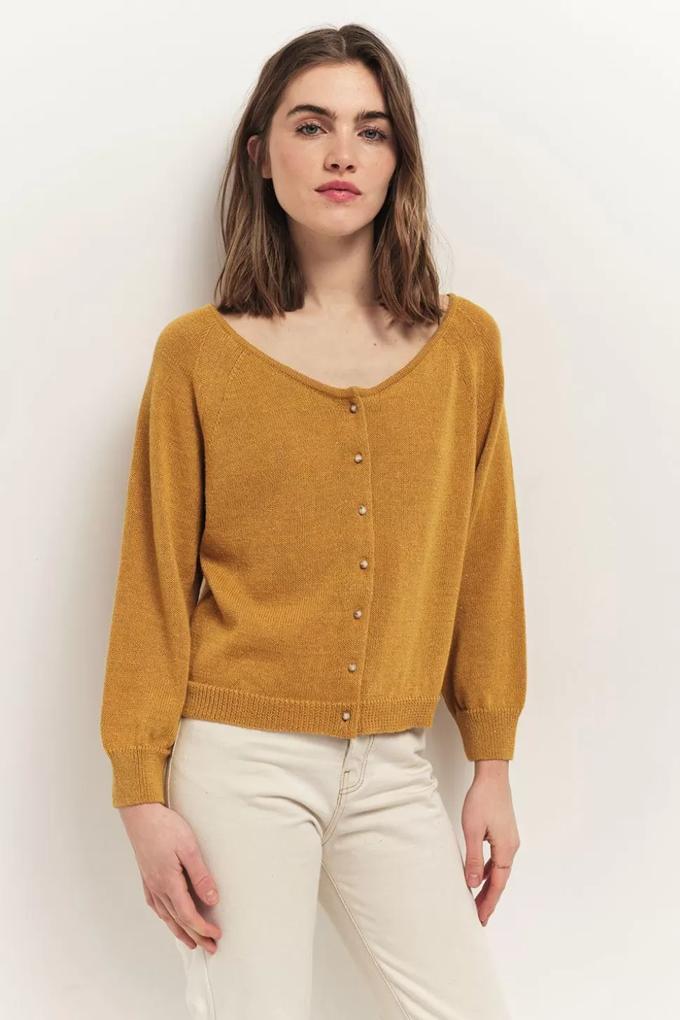 One Step Taste - Cardigan Miel Tricot Lurex Col Bateau Best Sale