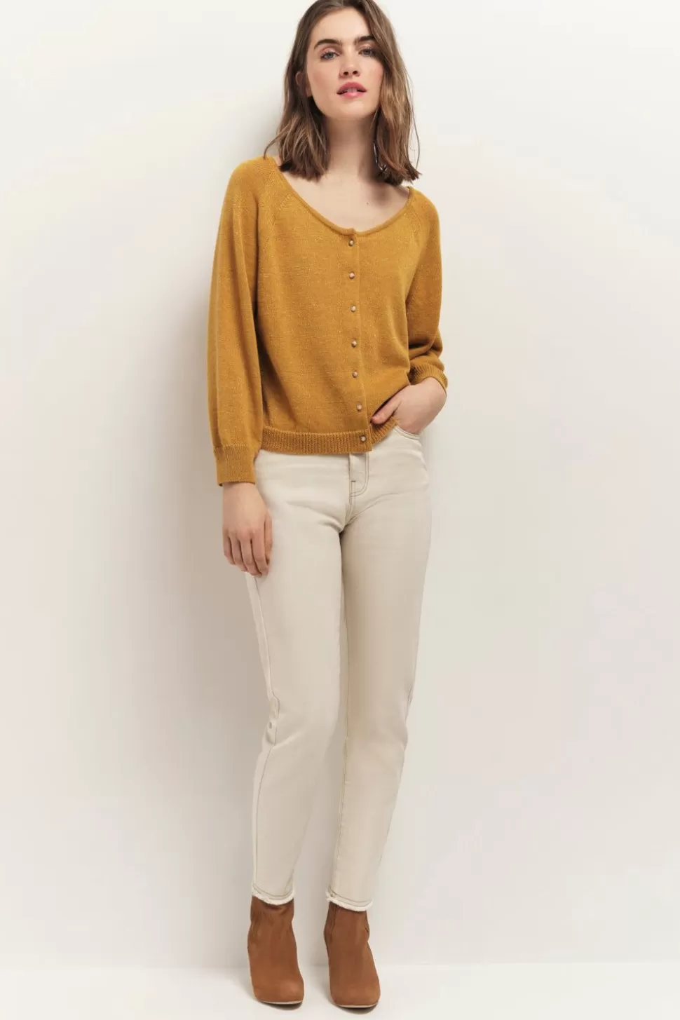 One Step Taste - Cardigan Miel Tricot Lurex Col Bateau Best Sale
