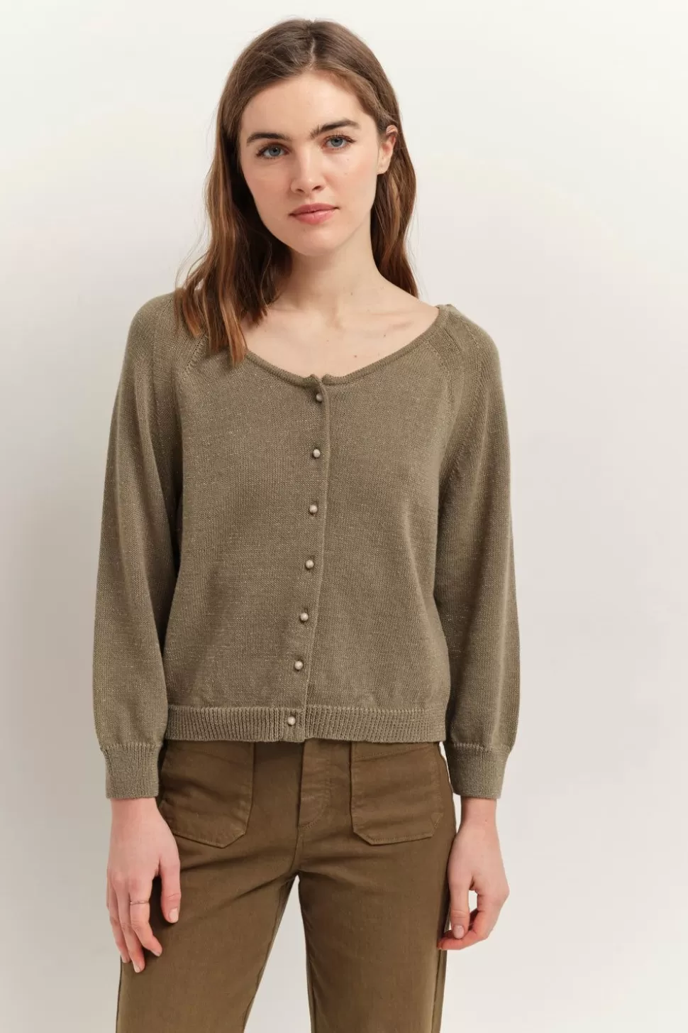 One Step Taste - Cardigan Vetiver Tricot Lurex Col Bateau Store