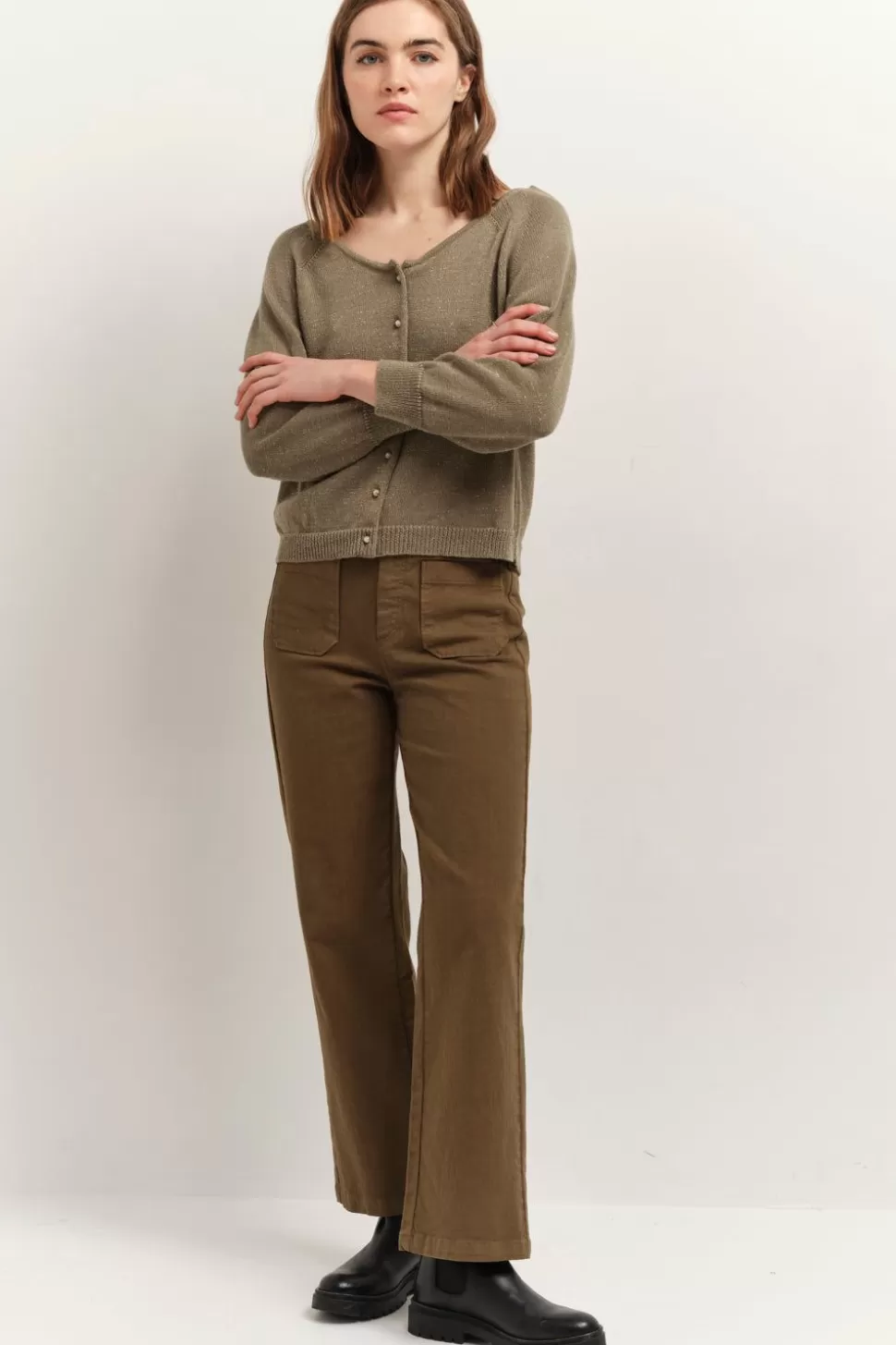 One Step Taste - Cardigan Vetiver Tricot Lurex Col Bateau Store
