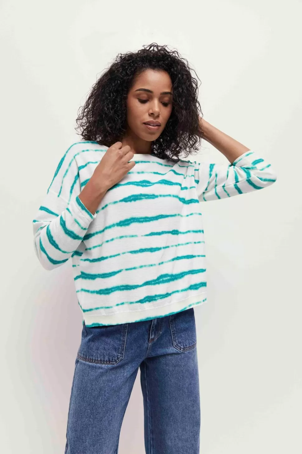 One Step Tecla - Pull Jungle Green Tricot A Motif Rayures Flous Store