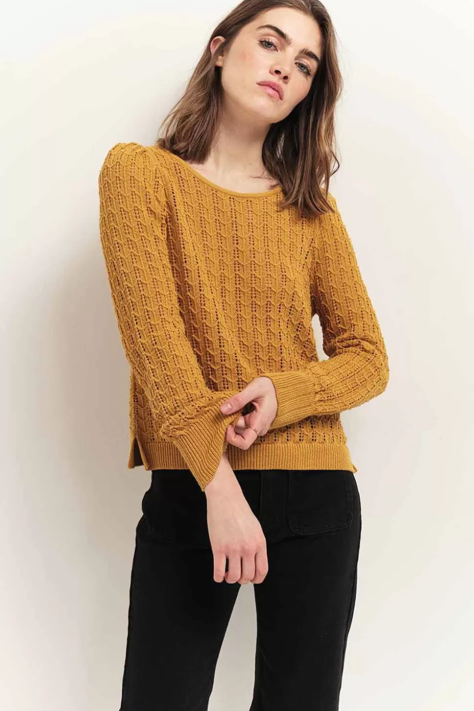 One Step Tessa - Pull Miel Tricot Fin Ajoure Clearance