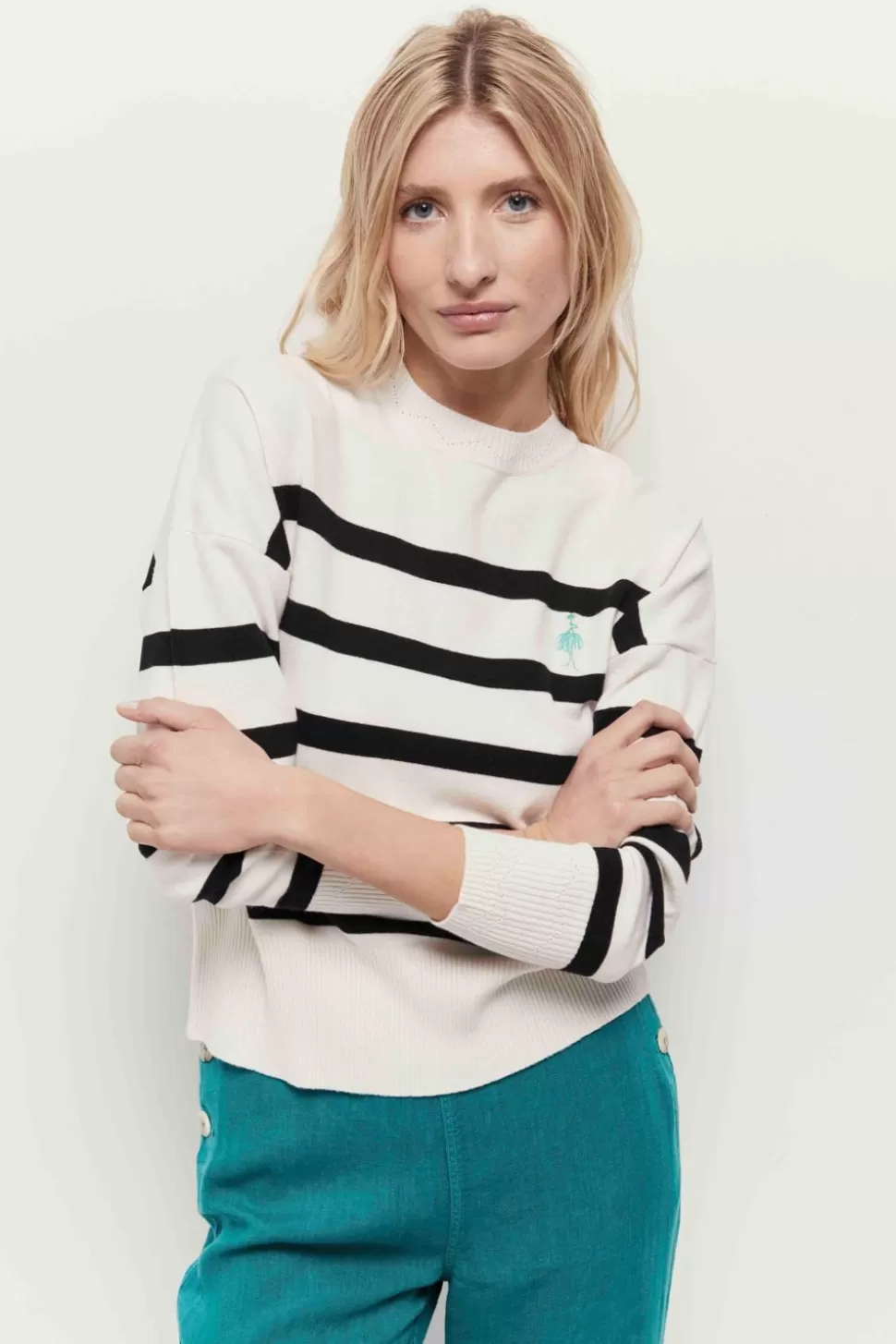 One Step Tiana - Pull Ecru Tricot A Motif Rayures Broderie Danseuse Outlet