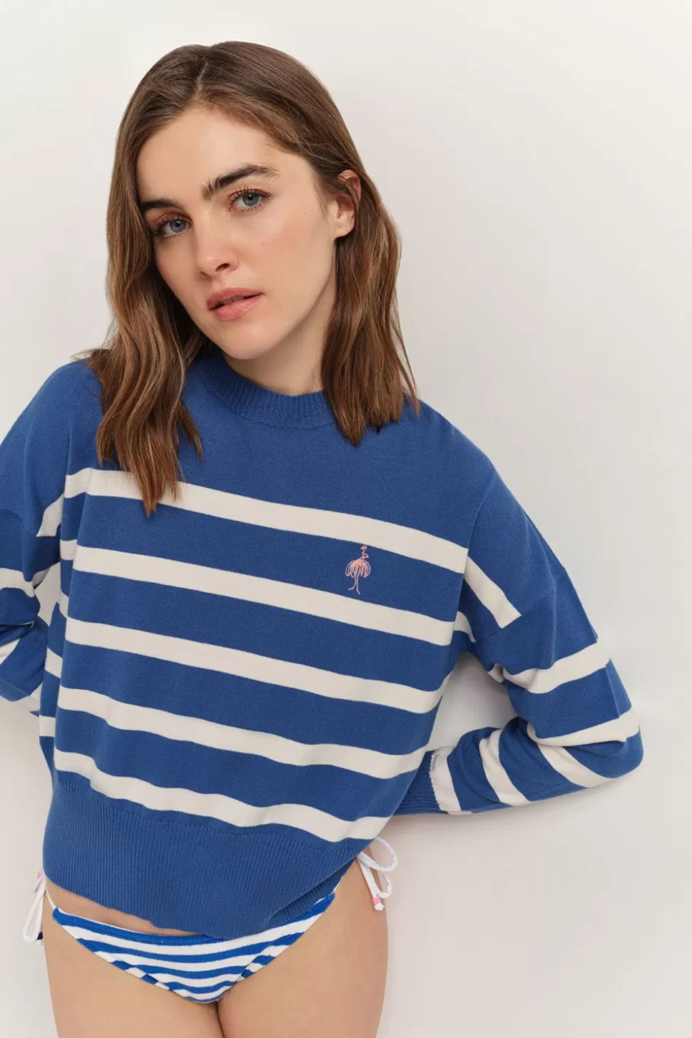 One Step Tiana - Pull Santorin Blue Tricot A Motif Rayures Broderie Danseuse Best Sale
